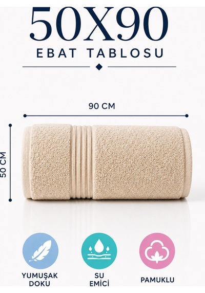 50x90 Pamuklu El Yüz Havlusu Yumuşak Dokulu Yüksek Su Emici Banyo Havlusu Dekoratif Bordürlü Günlük Kullanım Bej