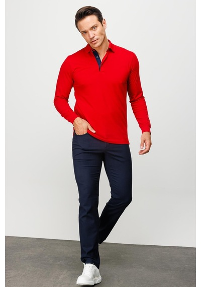 Desen Triko Erkek Polo Yaka Uzun Kollu Sweatshirt Kırmızı Kırmızı