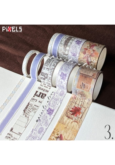 Vintage Washi Tape Bant Baskılı Yapışkanlı Maskeleme Kağıdı 45f Desenli Bant 10'lu - Mor El Yazılı 1