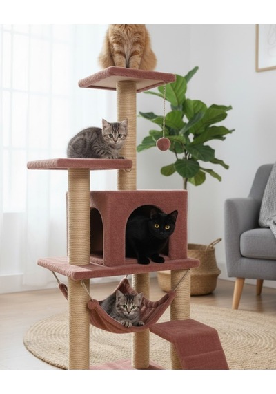 Reyo Pet B-07 Hamaklı Yuvalı Lüx Kedi Tırmalama Oyun Evi Gül Kurusu