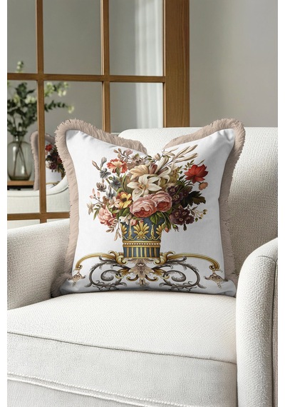 Barok Çiçek Vazo Motifli Saçaklı Yastık Kılıfı - Vintage Klasik Krem Rustik Püsküllü Kırlent Kılıfı Deniz Karamel Barok Çiçek Vazo Motifli Saçaklı Yastık Kılıfı - Vintage Klasik Krem Rustik Püsküllü Kırlent Kılıfı Deniz Karamel