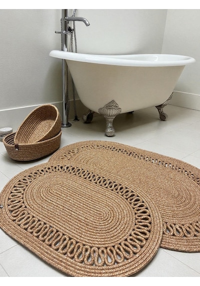 Mavaux Terra 4 Lü Banyo Seti 2 Li Oval Paspas & 2 Li Oval Sepet, Doğal Halat Dokuma, El Yapımı - Premium Hasır