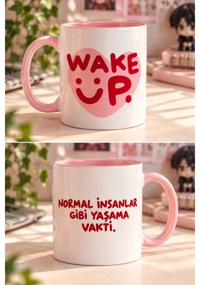 Wake Up Yazılı Baskılı Hediye Porselen Kupa Pembe