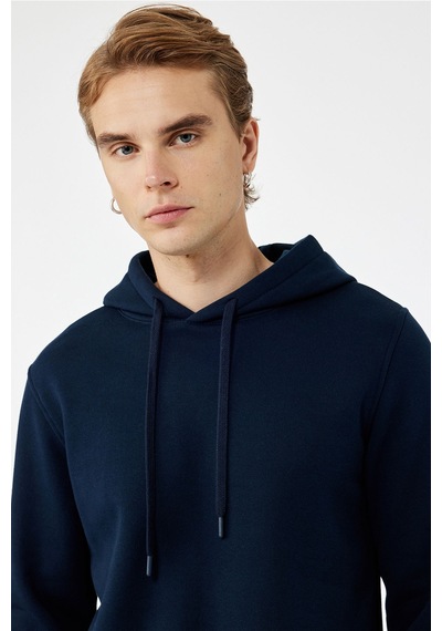 Koton Erkek Şardonlu Basic Kapşonlu Sweatshirt Lacivert