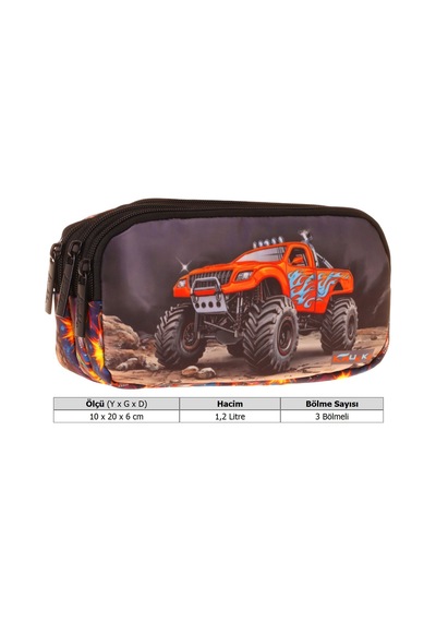 Kaukko Kids Arazi Aracı Baskılı Siyah - Kırmızı Erkek Çocuk Okul Kalemliği Kalem Çantası - L5361