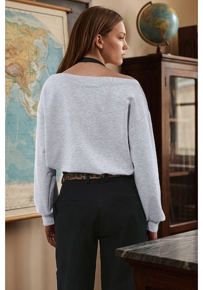 Hiccup 2'li Asimetrik Yaka Baskılı Oversize Sweatshirt Gri