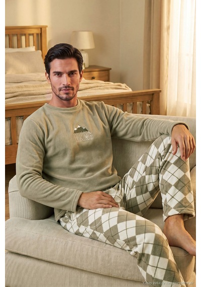 Buratti Ekoseli Bisiklet Yaka Yumuşak Dokulu Polar Pijama Takımı Erkek Pijama Takımı 6097064 Gri