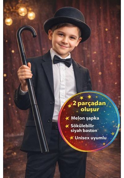 Charlie Chaplin Baston Ve Melon Şapka Seti 90 Cm Sihirbaz Parti Gösteri - 5 - 12 Yaş