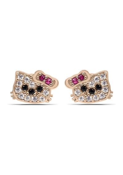 Hello Kitty Kedi Rose Kaplama 925 Ayar Gümüş Çocuk Küpe