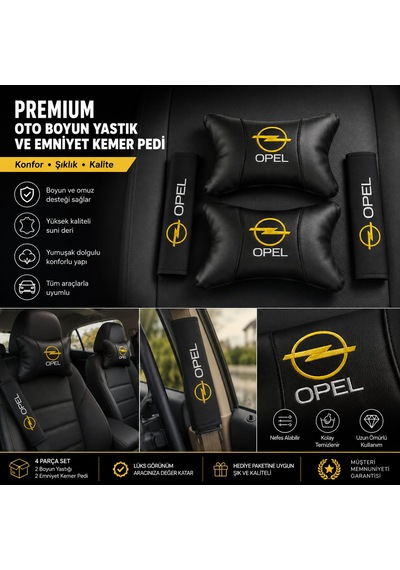 Opel Deri Yastık Ve Kemer Pedi Oto Boyun Yastığı Güvenli Sürüş Deri Konfor Siyah