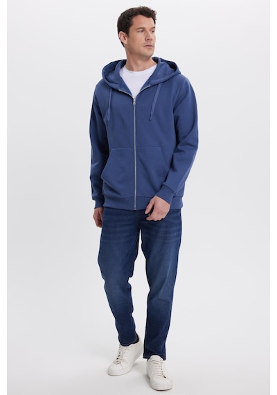 Tudors Unisex Relax Fit Rahat Kesim Pamuklu İçi Polarlı Çift Cepli Tam Fermuarlı İndigo Kapüşonlu Sweatshirt-41647 İndigo
