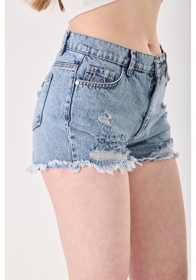 Eseclass Modern Kesim Yüksek Bel Püskül Paça Denim Şort Açık Mavi Açık Mavi