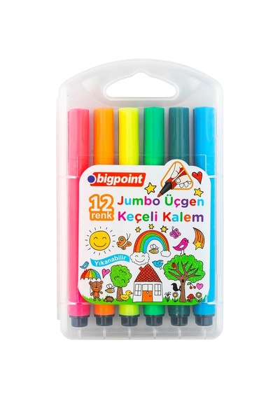 Bigpoint Jumbo Üçgen Keçeli Kalem 12'li Set Plastik Kutulu X 6'lı Paket