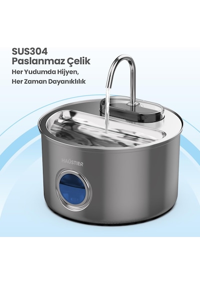 Haustier Wf009ls-m Otomatik Kedi Su Çeşmesi,kedi Su Sebili, Su Pınarı 3.5lt Geniş Hazne, Sus304 Çelik, Çok Katman