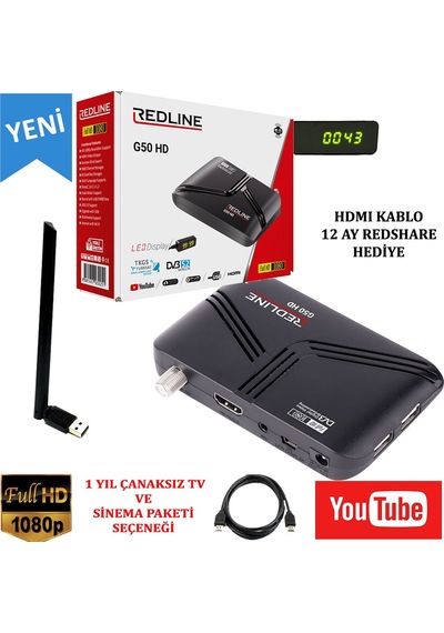 Redline G50 Full Hd Çanaklı Çanaksız Uydu Alıcısı Wifi Anten
