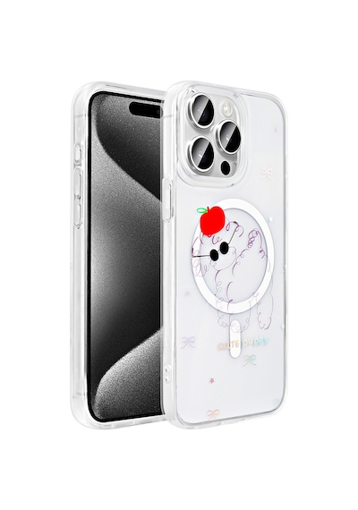 Techaks Apple Uyumlu iPhone 15 Pro Max Kılıf M-safe Şarj Özellikli Şeffaf Zore Folk Sert Kapak - Çilek Beyaz