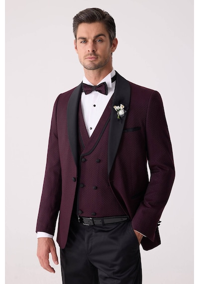 Ysf Erkek Mürdüm Çıkma Şal Yaka Slim Fit Damatlık
