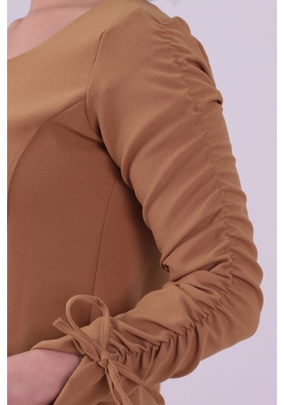 Armonika Kadın Camel Sıfır Yaka Kolları Büzgülü Kulplu Uzun Kol Elbise Arm-26k001033