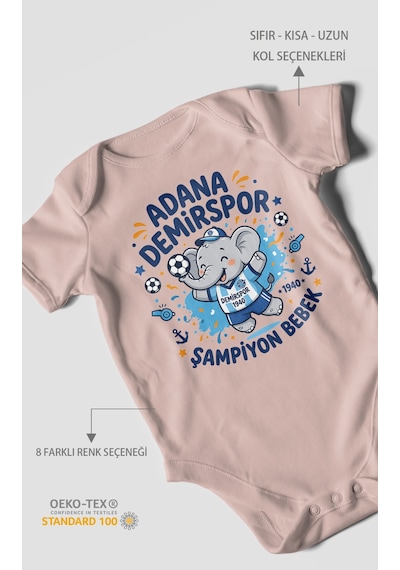 Morivokids Adana Demirspor Temalı Kısa Kollu Bebek Body %100 Pamuk Pastel Pembe