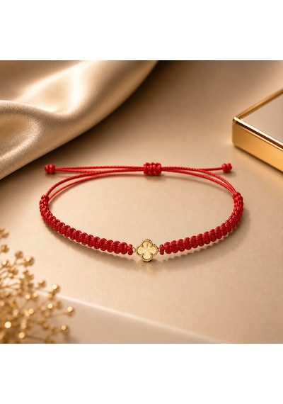 Seven Kuyumculuk 14 Ayar Altın Van Cleef Model Şans Yoncası Makrome Bileklik Kırmızı