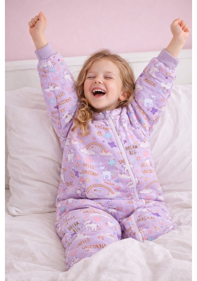 Babyhola 2.5 Tog Yorgan Gerektirmeyen Kalın Elyaf Dolgulu Çocuk Uyku Tulumu Pamuk Astarlı Unisex 6020 Lila