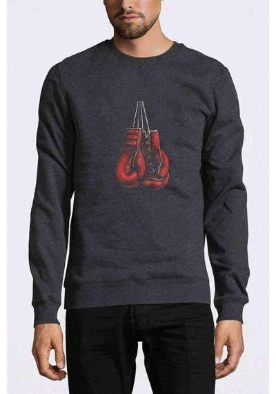 Boks Eldiveni Baskılı Füme Erkek Örme Sweatshirt