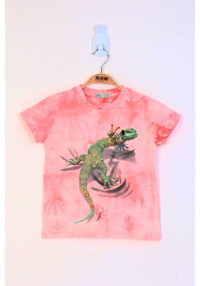 Toontoy Kids Toontoy Erkek Çocuk Batik Desenli Kertenkele Baskılı Tişört Nar Çiçeği