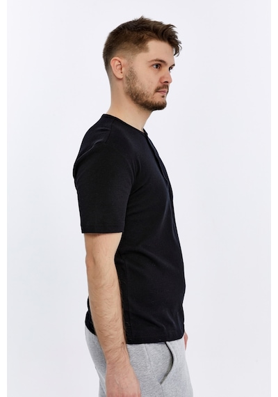 Erkek Henley Yaka %100 Pamuklu Dokulu Kumaştan Kısa Kollu Günlük Basic Tişört SIYAH