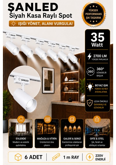 Led Beyaz Kasa Beyaz Işık 35w Raylı Spot / 6 Adet 1 Metre Ray