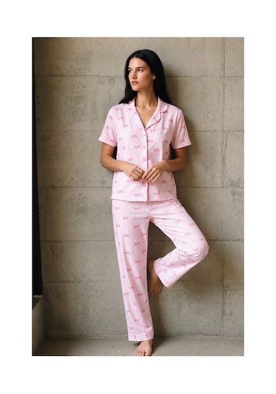 Fit Women V Yaka Düğmeli Casual Pembe Pijama Takımı