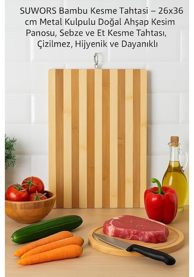 Bambu Kesme Tahtası 26x36 Cm Metal Kulp Lu Doğal Ahşap Kesim Panosu, Sebze Ve Et Kesme Tahtası, Çizilmez, Hijyenik Ve Dayanıklı