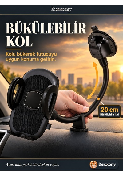 Dexxony A03 Araç İçi Telefon Tutucu Esnek Kollu Vantuzlu Destek Ayaklı Torpido Ve Cam 360 Derece