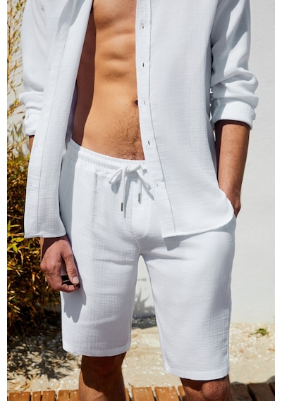 Grimelange Jens Erkek %100 Pamuk Müslin Kumaş Yanları Cepli Slim Fit Dar Kesim Beyaz Şort