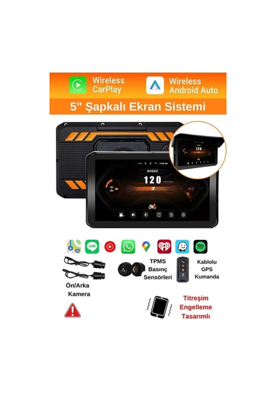 5"ınch 2k Ultra Hd Motosiklet Multimedya Seti Çift Kamera + Basınç Sensörü + Carplay/android