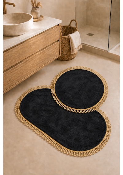 El Yapımı Bohem Banyo Paspası 2'li Peluş Kaymaz Jel Taban Yuvarlak 60x60 Cm Ve Oval 55x100 Cm Siyah Jüt Hasır