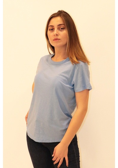 Rich Kadın Organik Bisiklet Yaka T-shirt %100 Pamuk Tişört Mavi