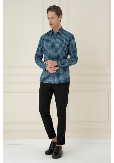 Efor Slim Fit Kazayağı Desenli %100 Pamuk Casual Mavi Gömlek G 1585 Mavi