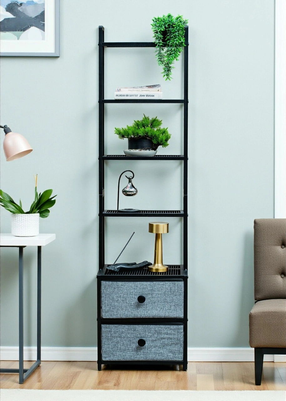 Dekoratif Siyah Metal Kitaplık 5 Raflı 2 Çekmeceli Komidin Çok Amaçlı Stand Organizer Siyah Dekoratif Siyah Metal Kitaplık 5 Raflı 2 Çekmeceli Komidin Çok Amaçlı Stand Organizer Siyah
