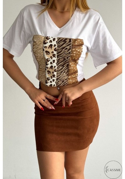 Cassime Kadın Leopar Desenli %100 Pamuk Büyük Beden Beyaz T-shirt