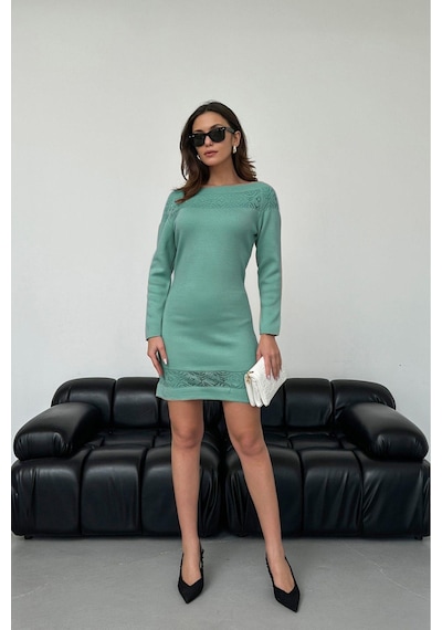 Aqe Fashion Kadın Kayık Yaka Yakası Dantel Detaylı Mint Triko Elbise Mint