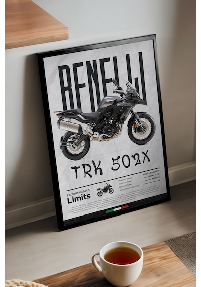 Benelli 502c Siyah Ahşap Çerçeveli Poster, Dekoratif Motosiklet Duvar Tablosu