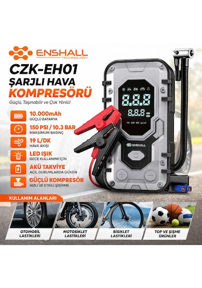 10.000mah Çantalı Akü Takviyeli 1000a Tepe Akımlı Araç Lastik Şişirme Hava Kompresörü Jump Starter 10000mah