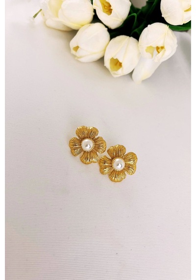 Çizgili Çiçek Gold Küpe Çok Renkli