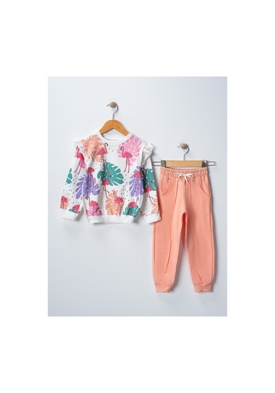 Veramoni Kız Çocuk Flamingo Baskılı Uzun Kollu Eşofman Sweatshırt Takım Krem