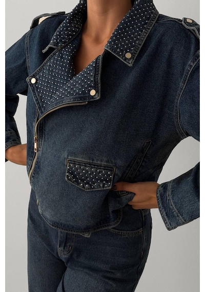 Lacarino 7757 Taşlı Kadın Jean Ceket Blue