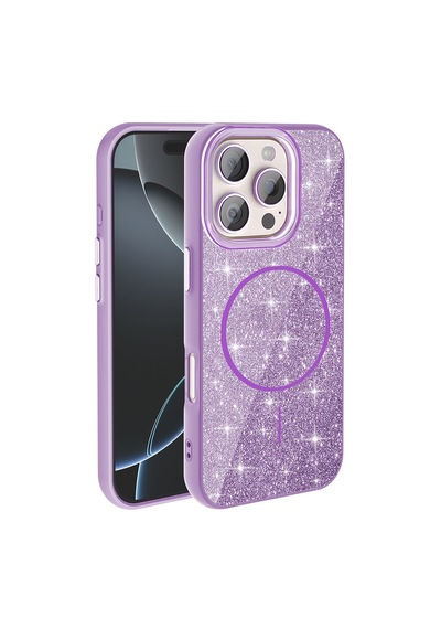 Apple Uyumlu iPhone 16 Pro Max Kılıf M-safe Şarj Özellikli Parlayan Simli Zore Okso Kapak Koyu Mor