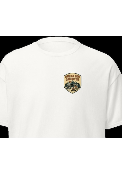 Wildstyle Dağlar Beni Çağırıyor Renkli Vintage Dağ Doğa Kamp Baskılı Unisex Bisiklet Yaka Pamuklu Tişört Beyaz