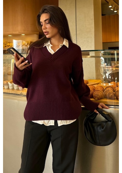 Madmext Mürdüm V Yaka Oversize Kadın Triko Kazak Mg2149 Mürdüm