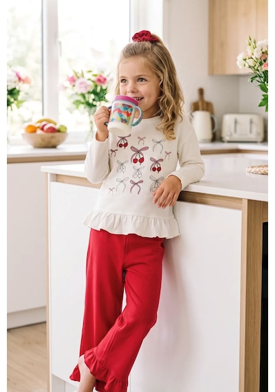 Zuzunga Kız Çocuk Cherry Fiyonk Desenli Fırfırlı Pijama Takımı Toka Hediyeli Kırmızı