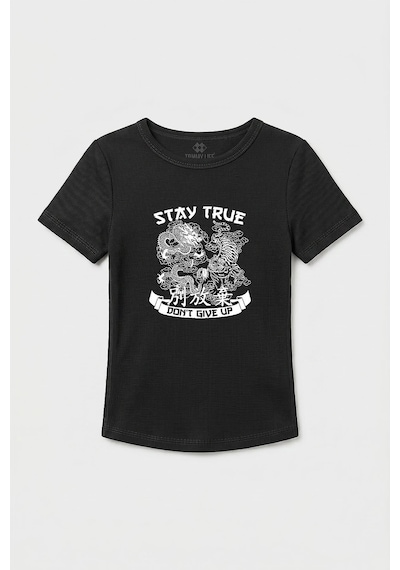 TOMMYLIFE Siyah Standart Fit Baskılı Kısa Kollu Kadın T-shirt - 97201